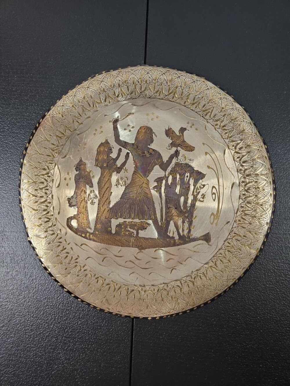 Vtg Egyptian Metal Plate Wall Hanging Brass